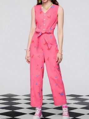 Sleeveless Pink Floral Tie-Waist Jumpsuit
